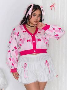 ROMWE Kawaii Vintage Cute Cherry Color Contrast Plus Size Cardigan Sweater - Pink - View 6