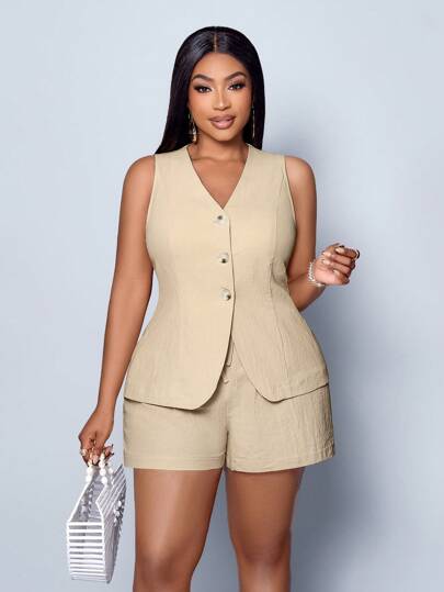 SOLERSUN Chaleco de blazer con botones y pantalones cortos de talla grande para mujer