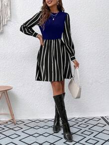 SHEIN Clasi Women's Striped Patchwork Long Sleeve 2 In 1 Short Dress - Blue - View 5