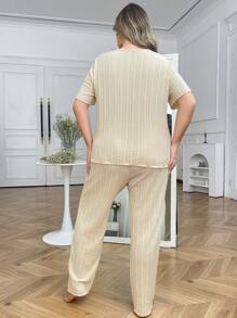 Textured Knit Plus Size Lounge Set With Bowknot Trim V-Neck - Apricot - View 2