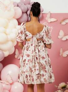 Loomaby Maternity Floral Print Ruffle Hem Gender Reveal Dress For Baby Shower Party, Valentine's Day - Pink - View 4