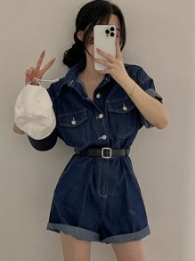 DAZY 女士休闲前扣短袖口袋牛仔连体裤