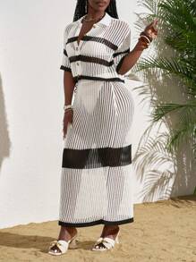 Slaydiva 2pcs Women Sets: Solid Color Patchwork Short Sleeve Top And Skirt - Black and White - View 3