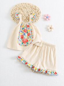 Cozy Pixies Baby Girl Floral Pattern Square Collar Ruffle Hem Pullover Top And Elastic Waist Shorts 2 Pieces Set - Beige - View 9