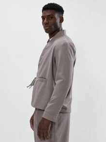 Musero 和服式裹身西装外套，领带细节设计，插袋西装外套，春夏必备剪裁单品 - 灰色 - 查看 2