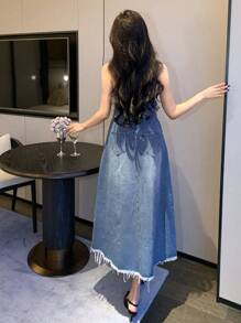 DAZY 女式宽松休闲吊带磨边牛仔连衣裙太阳裙 - 中等水洗藍 - 查看 5