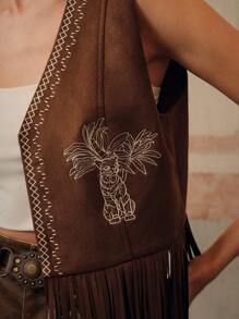 Anewsta Women's Embroidered Fringed Suede Vest, Suitable For Spring And Autumn - Burgundy - View 2