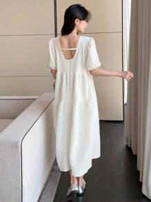 DAZY Women Textured Puffy Sleeve Loose Mid-Length Dress,Ruffle - White - View 2
