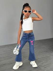 Young Girl Sweet & Cute Printed Flared Jeans - Medium Wash - View 4