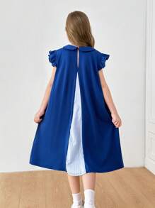 SHEIN Leap Crew Tween Girls 经典百搭对比色彼得潘领蝴蝶结荷叶边宽松休闲连衣裙，适合返校和日常穿着 - 藍色 - 查看 2