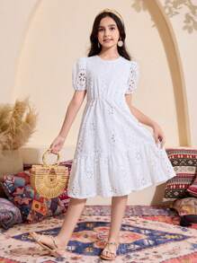 SHEIN Tween 女童简约时尚休闲纯色短袖连衣裙，日常穿着 - 白色 - 查看 2