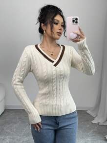 Chiquease Jersey de cuello en V de manga larga con trenzado para mujer, estilo universitario suave y acogedor, tejido, estilizador y versátil, otoño/invierno
