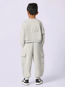 SUMWON 青少年套装卫衣慢跑裤机器人设计柔软抓绒冬季运动服休闲街头风运动套装 - 灰色 - 查看 2