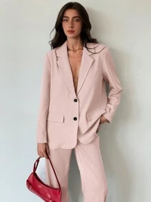 Aloruh 年轻女士简约通勤灰色纹理超大宽松长袖西装外套 - 淺粉色 - 查看 7