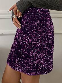 DAZY 亮片装饰迷你裙，适合情人节、中国新年派对和春季穿着，Y2K风格舞会裙，秋季冬季女装嘉年华裙装 - 紫色 - 查看 2