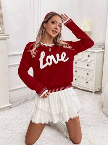 SHEIN LUNE Women's Valentine's Day "Love Letter" Bicolor Pattern Loose Casual Sweater Knit Pullover Fall Winter - Burgundy - View 3