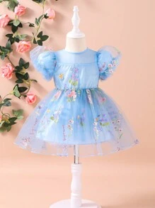 SHEIN 女婴幼儿 0-3 岁春夏奢华公主裙，花卉刺绣网纱薄纱泡泡袖派对正式活动礼服，适合生日婚礼花童