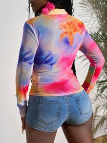 Slaydiva Plus Size Women's Casual Mesh Top: Multicolor Semi-Sheer Long Sleeve Collared Button-Down Shirt With Floral Print And Ruched Detailing For A Look - Multicolor - View 2