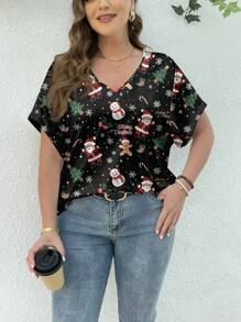 SHEIN Essnce 圣诞节服装圣诞老人雪人图案女式夏季短袖V领宽松大码T恤套头衫 - 黑色 - 查看 5