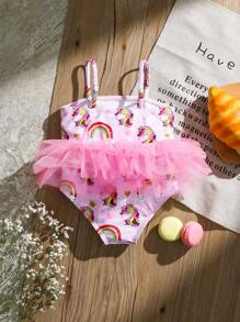 Baby Girl Rainbow Print Contrast Mesh Ruffle Detail One-Piece Swimsuit - Multicolor - View 3