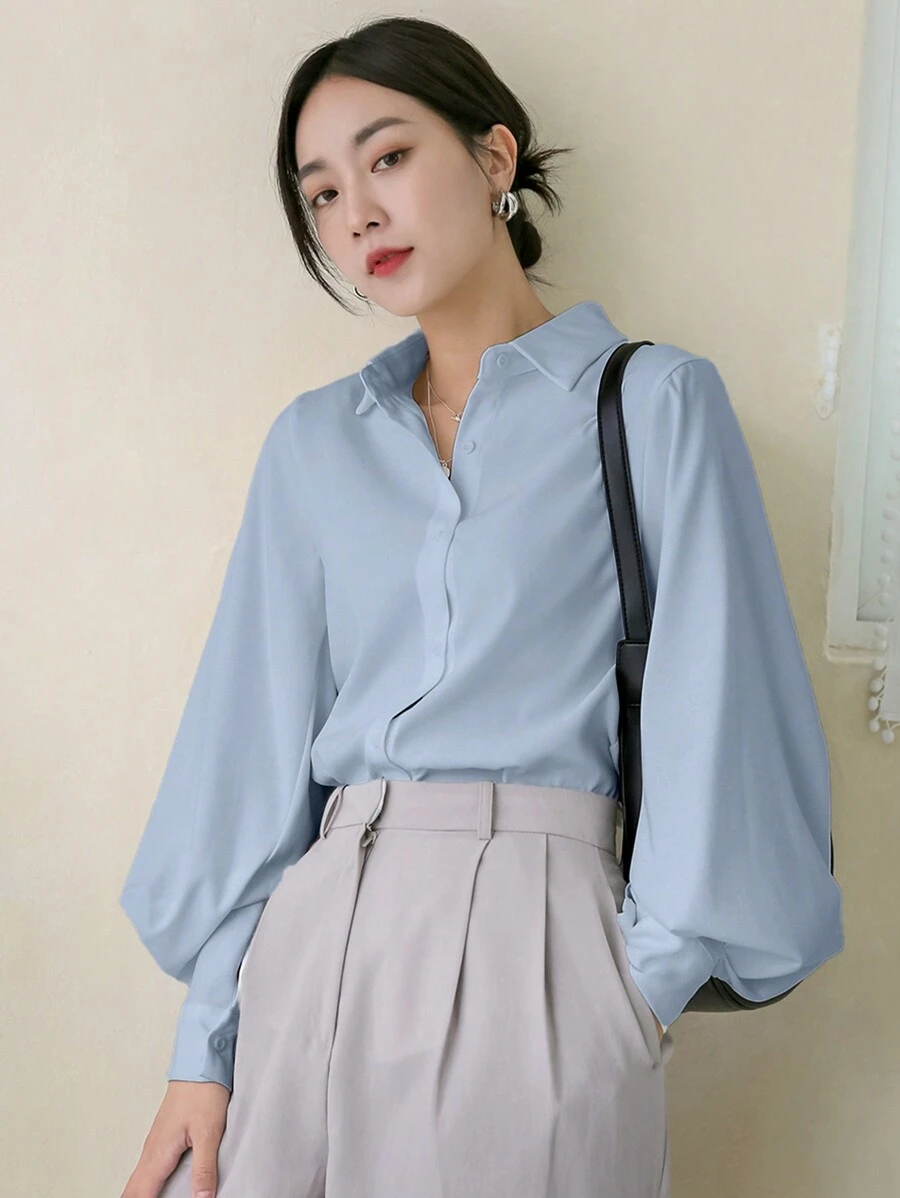 DAZY Women's Solid Color Front Button Long Sleeve Casual Business Blouse,Fall Clothes - Blue - View 1