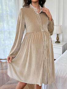 SHEIN Maternity Solid Color Long Sleeve Single-Breasted Casual Loose Dress - Apricot - View 1