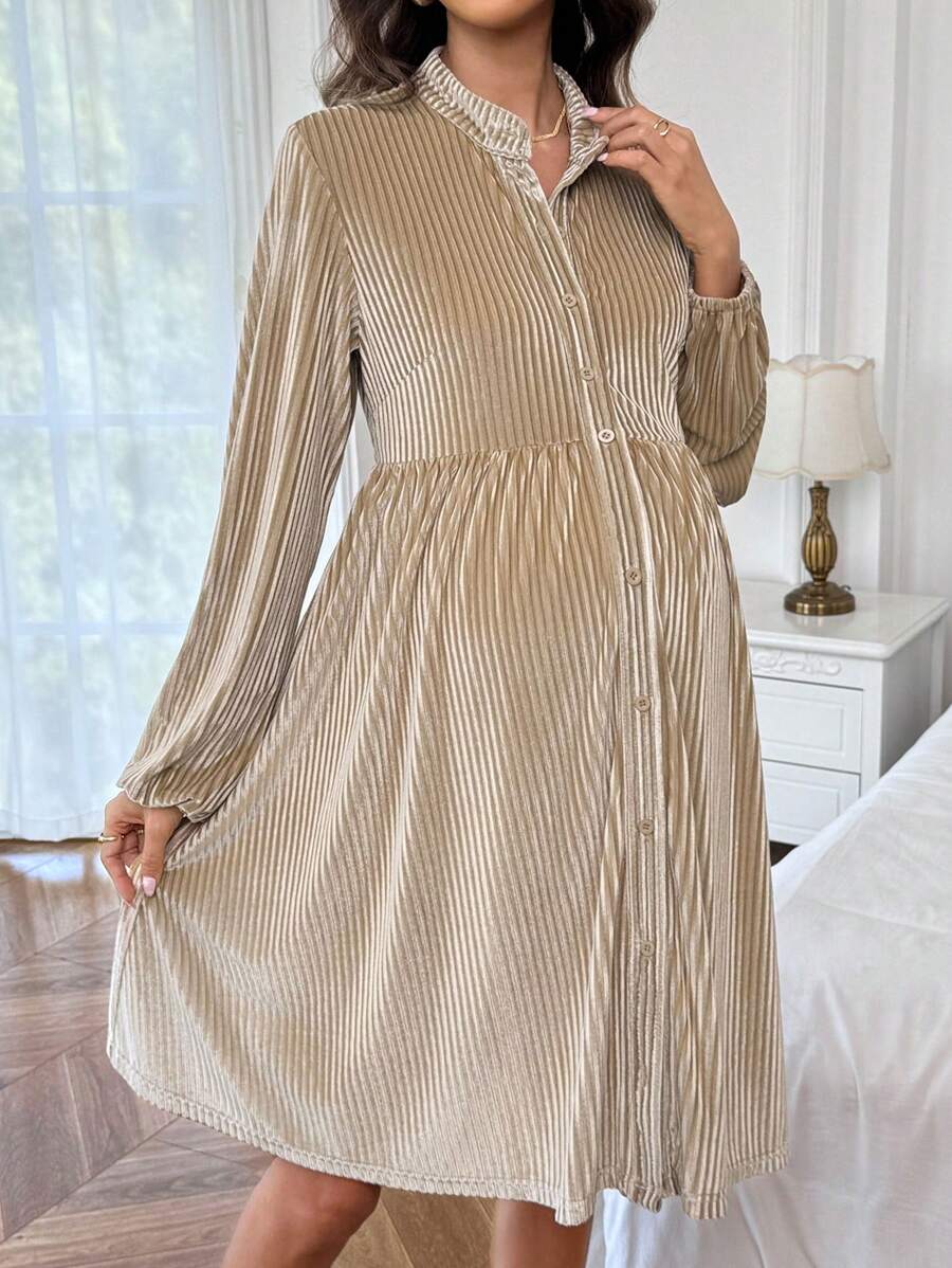 SHEIN Maternity Solid Color Long Sleeve Single-Breasted Casual Loose Dress - Apricot - View 1