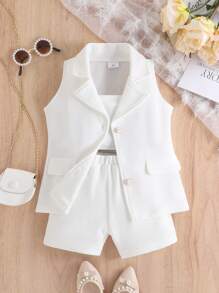 3 件套夏季年轻女孩优雅时尚简约街头风格白色背心，搭配吊带背心和短裤 - 白色 - 查看 4