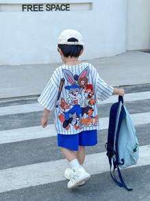 SHEIN 2pcs/Set Young Boys Casual Street Cute Resort Cartoon Animal Group Graphic Loose Round Neck Short Sleeve White & Blue Striped T-Shirt And Blue Shorts Outfit, Suitable For Spring/Summer - Multicolor - View 4