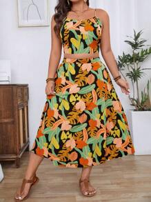 Breezaya Set de 2 piezas talla grande de top de tirantes y minifalda con estampado tropical de plantas, ropa de resort