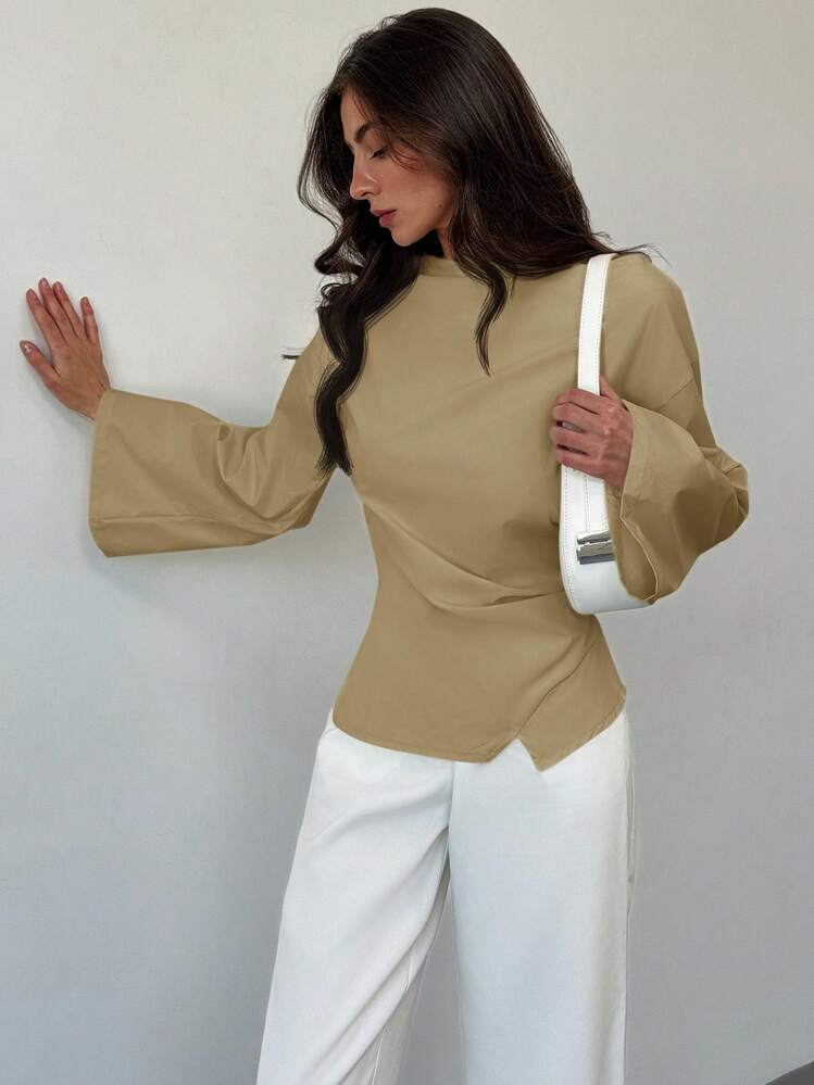 Aloruh Scoop Neck Bell Sleeve Cropped Ruched Office Wear Ladies Apricot Shirt - Khaki - View 5
