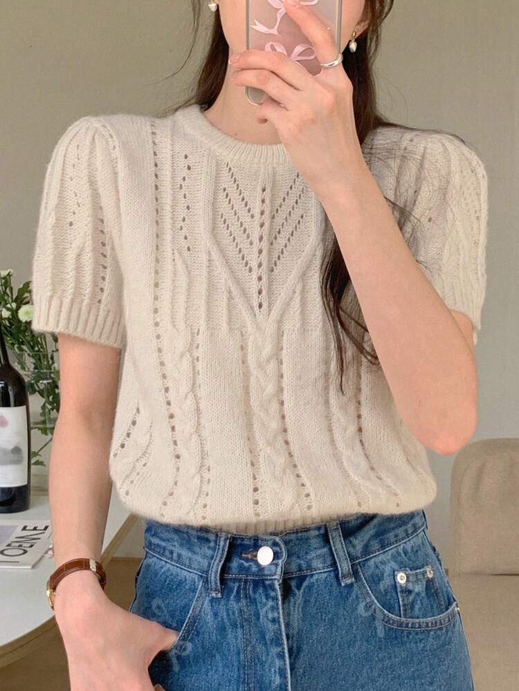 Women's Solid Color Crew Neck Short Sleeve Cable Knit Sweater