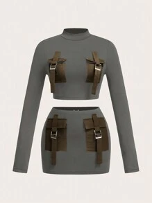 Slaydiva 2pcs/Set Women's Utility Pocket Cropped Long Sleeve Top & Bodycon Mini Skirt - Grey - View 6