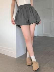 DAZY 女士纯色灯笼短裤，宽松松紧腰 - 灰色 - 查看 3