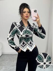 Chiquease 女士不对称下摆通勤收腰印花纽扣衬衫 - 彩色 - 查看 3