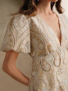Anewsta New Niche Embroidered Hollow-Out Splicing V-Neck Dress, Elegant, Classic, Modest, Suitable For Spring And Festivals - Multicolor - View 2