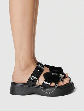 Grunge Punk Chunky-Soled Y2K Punk Slip-On Slippers For Women, Thermal Lined , Chain & Heart Decor, Fashion , Spring/Summer