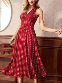 Vintamour 复古优雅女士波尔卡圆点吊带修身连衣裙，搭配喇叭裙，红色情人节情人节服装夏季女士连衣裙女士优雅婚礼宾客礼服女士红色连衣裙优雅波尔卡圆点连衣裙 - 紅色 - 查看 1