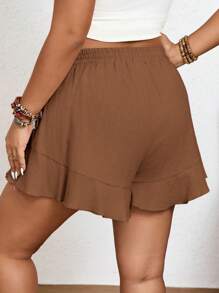 Elaquor 2 Pcs/Set Plus Size Solid Color Shorts With French Ruffle Hem Spring To Summer - Brown - View 8