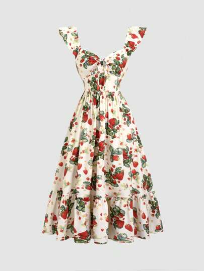 Sweetra Women's Cute & Sweet Ruffled Tie Bow Mini Strawberry Printed Layered Flared Dress, Suitable For Summer & Spring
