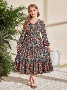 SHEIN Serisse Kids 大女孩花卉V領長袖收腰優雅洋裝，中長版綠色，休閒度假風，母女套裝，大女孩 - 綠色 - 查看 7