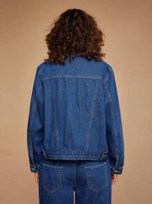 Forever 21 女式前扣长袖口袋休闲牛仔夹克 - 藍色 - 查看 2