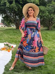 Flirla 大码波西米亚风方领短袖花卉印花休闲连衣裙，适合夏季