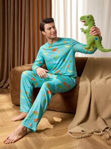 Happy Jammies 2 件男士恐龙印花长袖上衣和裤子家居睡衣套装 - 綠色 - 查看 3