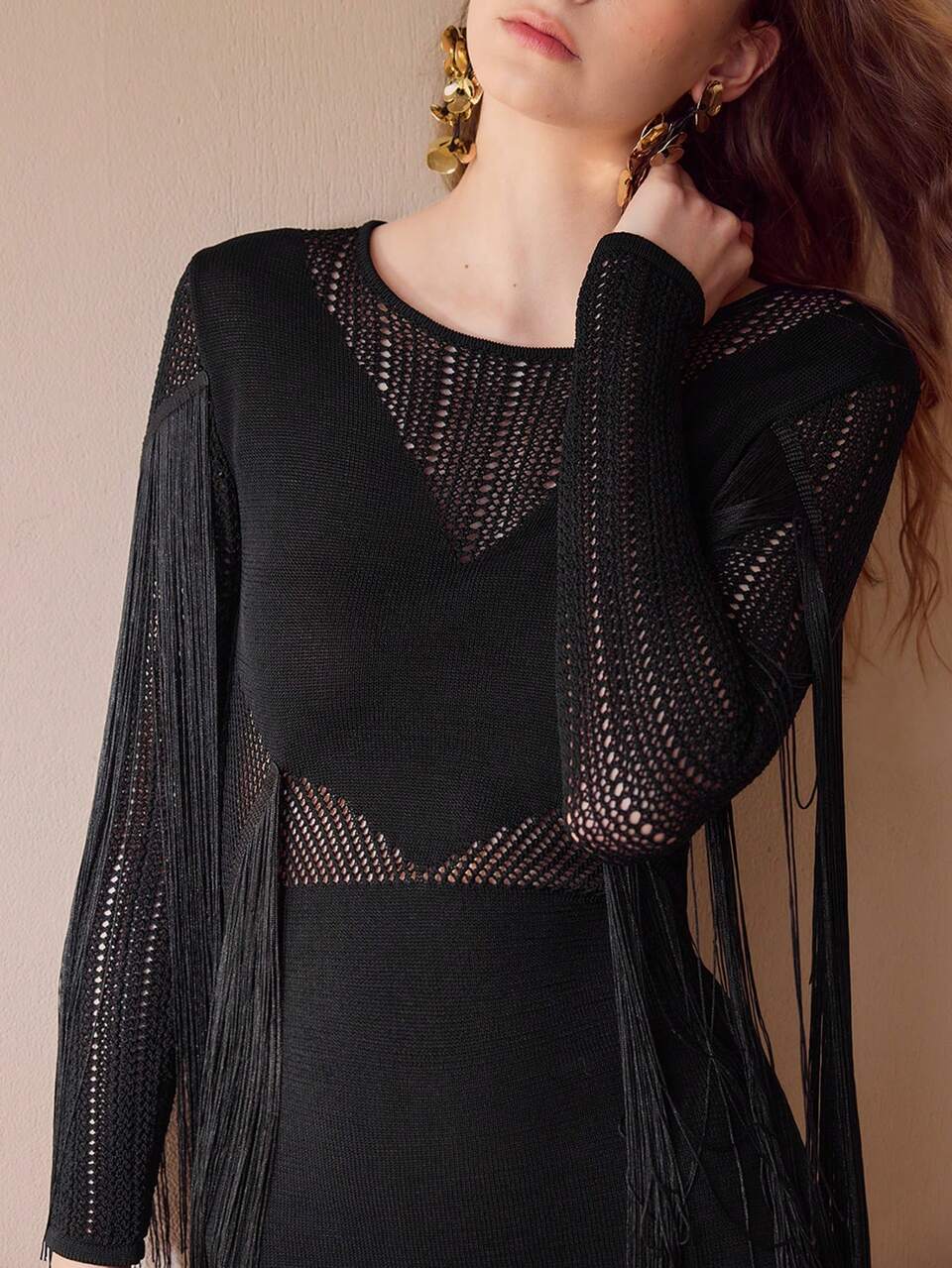 POINTELLE KNIT FRINGE SWEATER DRESS,SPRING/SUMMER