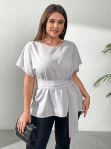 SHEIN Privé Plus Size Feminino X-Design Cintura Cinto Decoração Casual Deslocamento Ombro Caído Manga Curta Blusa, Elegante Roupa de Escritório, Primavera/Verão - Cinza - Ver 4
