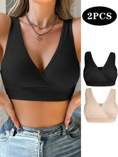 Moonlight&Mama 2pcs Maternity V-Neck Crossover Casual Bras, Solid Color Without Padding  Maternity