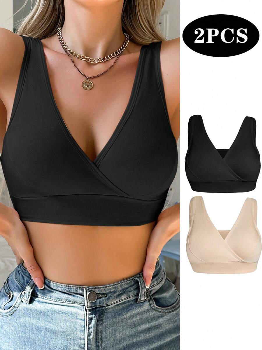 Moonlight & Mama 2pcs Maternity V-Neck Crossover Casual Bras, Solid Color Without Padding  Maternity