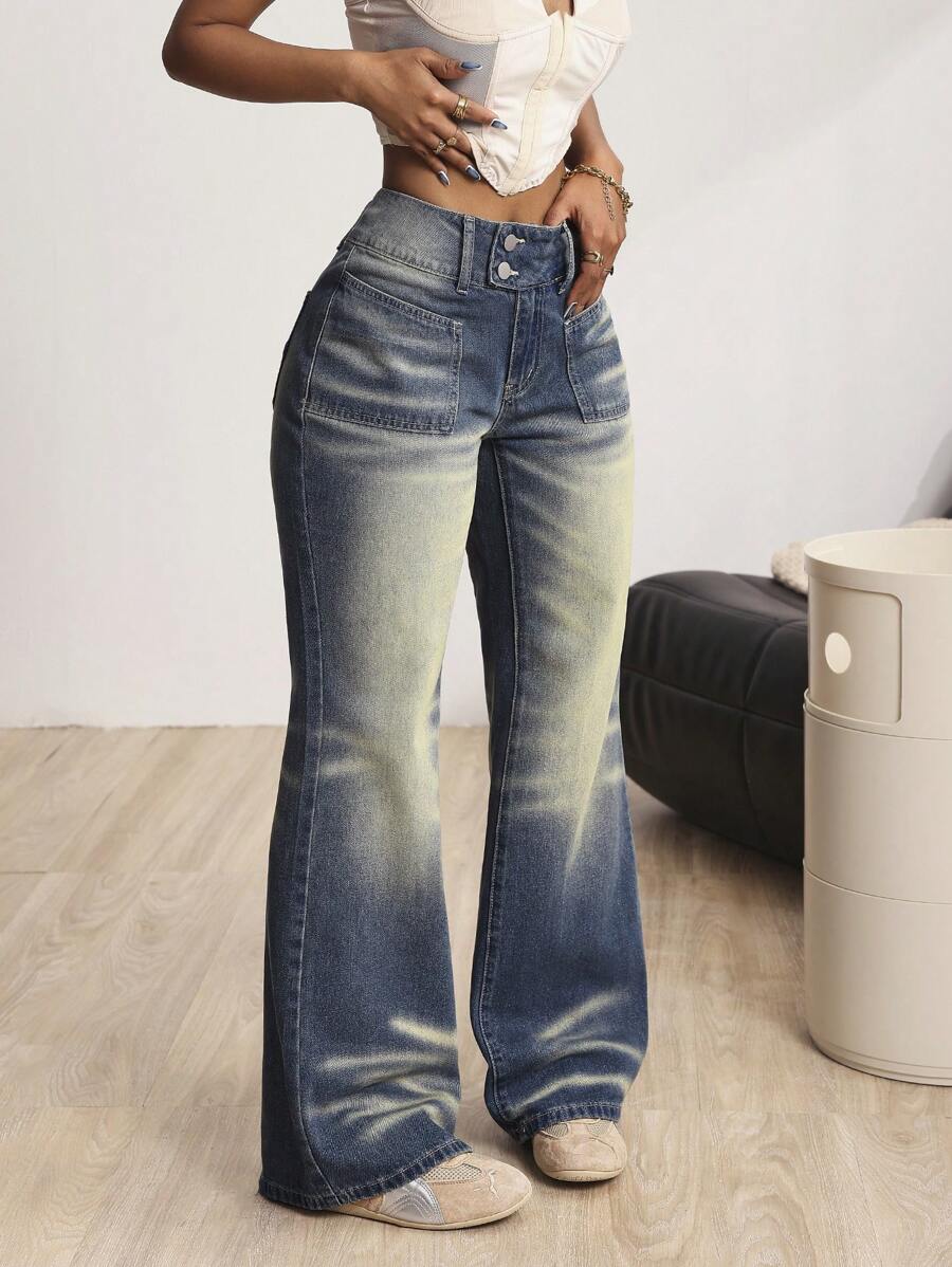 SHEIN ICON Women's Simple Front Button Pocket Denim Jeans, Casual Daily Wear - Blue - View 1