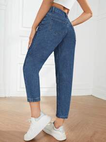 SHEIN PETITE 女式纽扣前口袋简约设计休闲牛仔裤